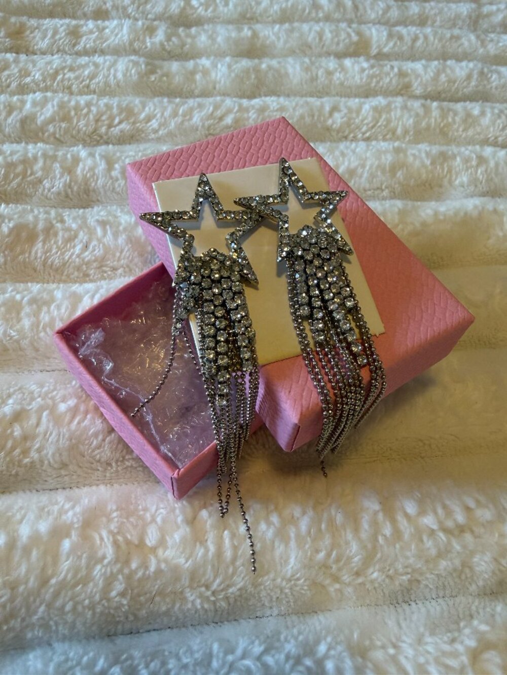 Silver Rhinestone Star Fringe Statement Earrings Y2K Glam
